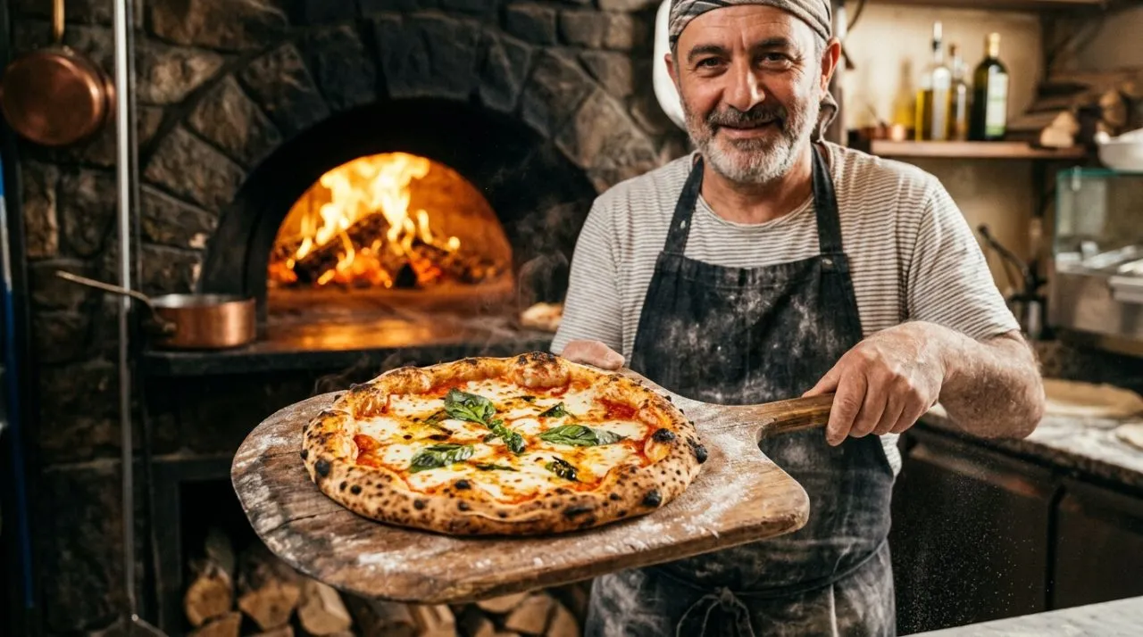 Pizzabäcker mit frischer Pizza aus dem Ofen bei Pizza MZ
